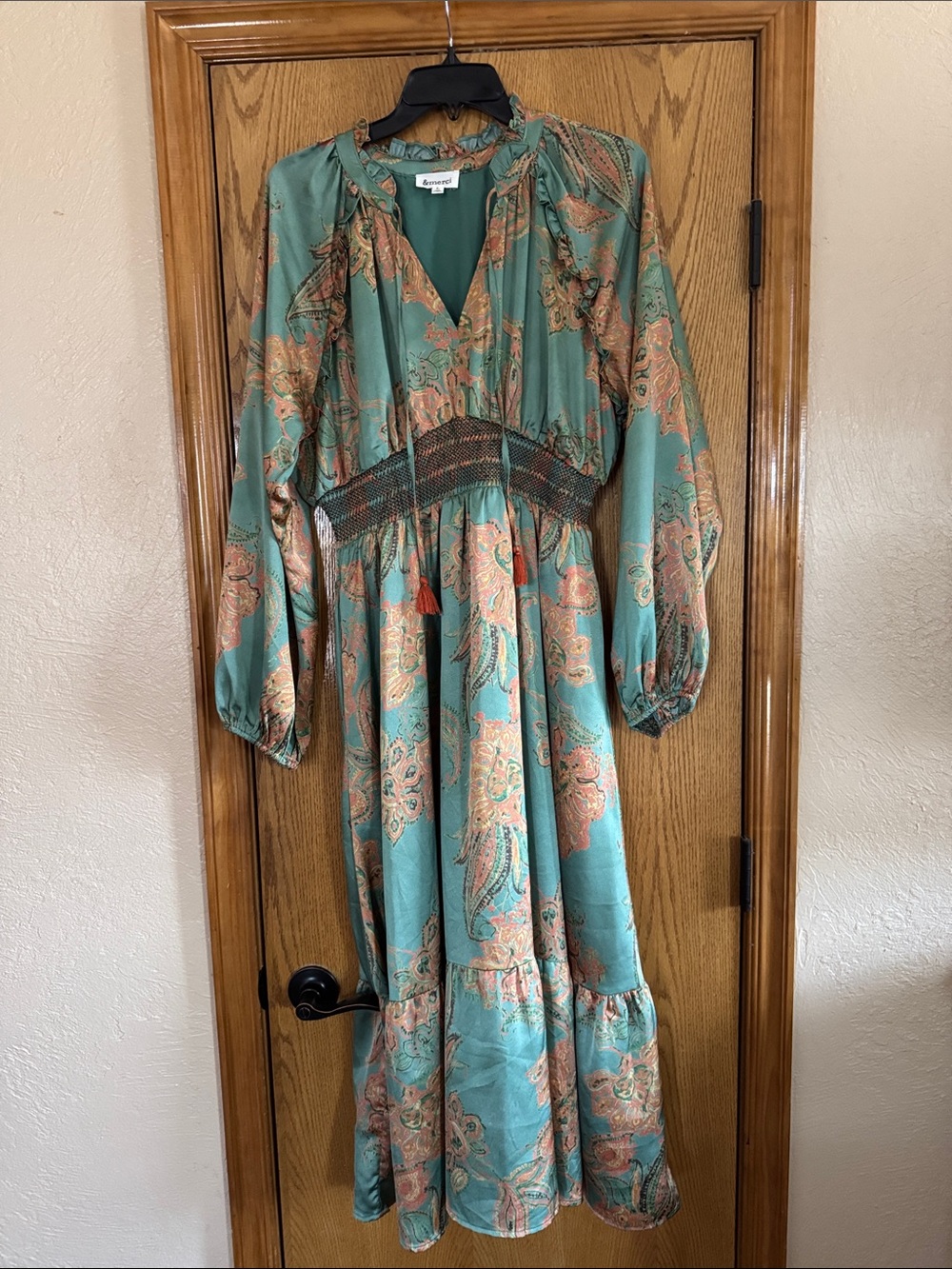 Smocked Waist Teal Paisley Maxi Dress with Long Sleeves